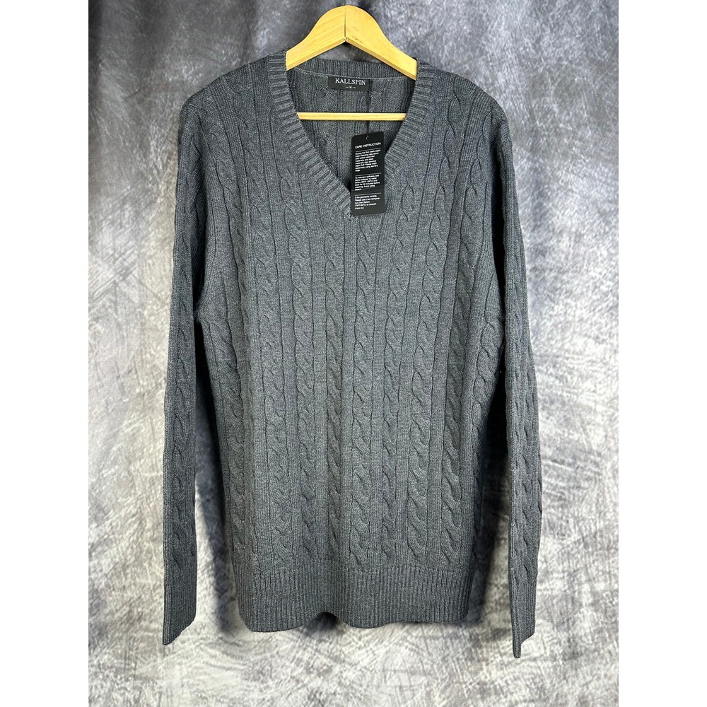 Kallspin NWT V-Neck Cable Knit Sweater Mens Medium Gray Wool Blend Pullover
